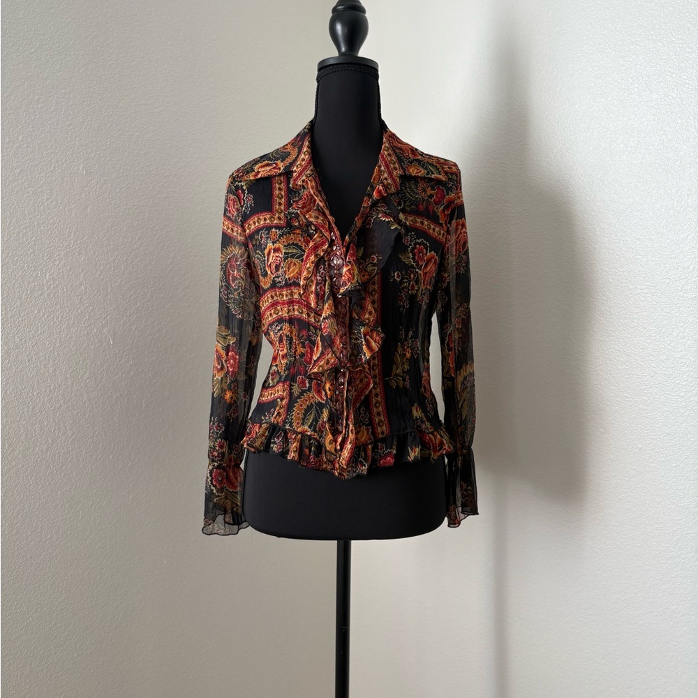 Specchio Black Orange and Red Patterned Ruffled Sheer Button Up Blouse- Small